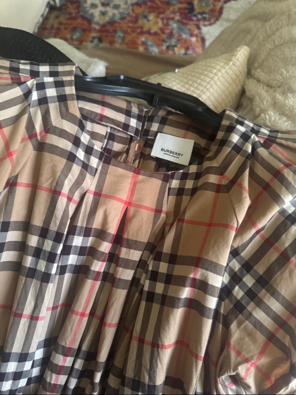 Burberry Beige Plaid Pleated Dress with Black and Red Accents